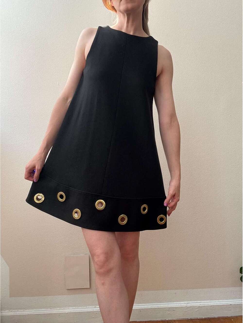 Vintage 1960s Black Cotton Grommet Mini Dress